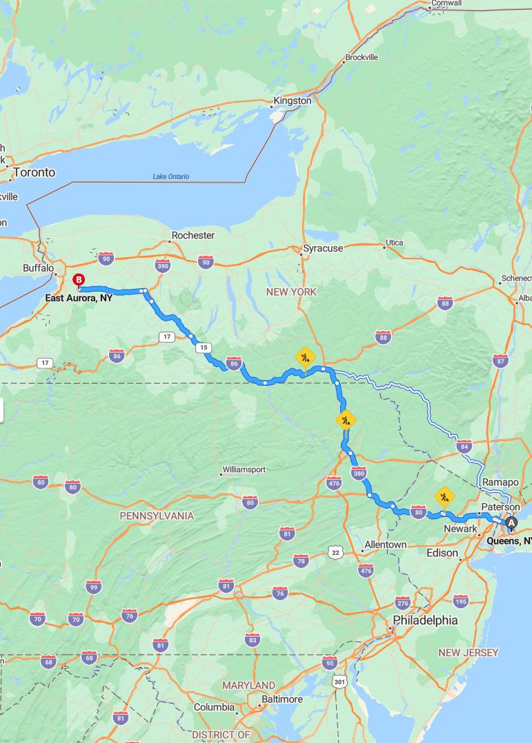 driving from Queens, New York to East AuroraNew York - map and route