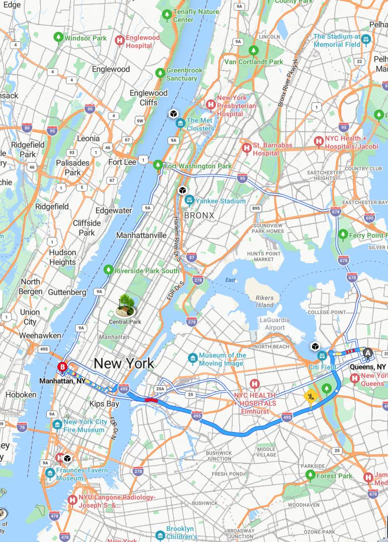 driving from Queens, New York to ManhattanNew York - map and route