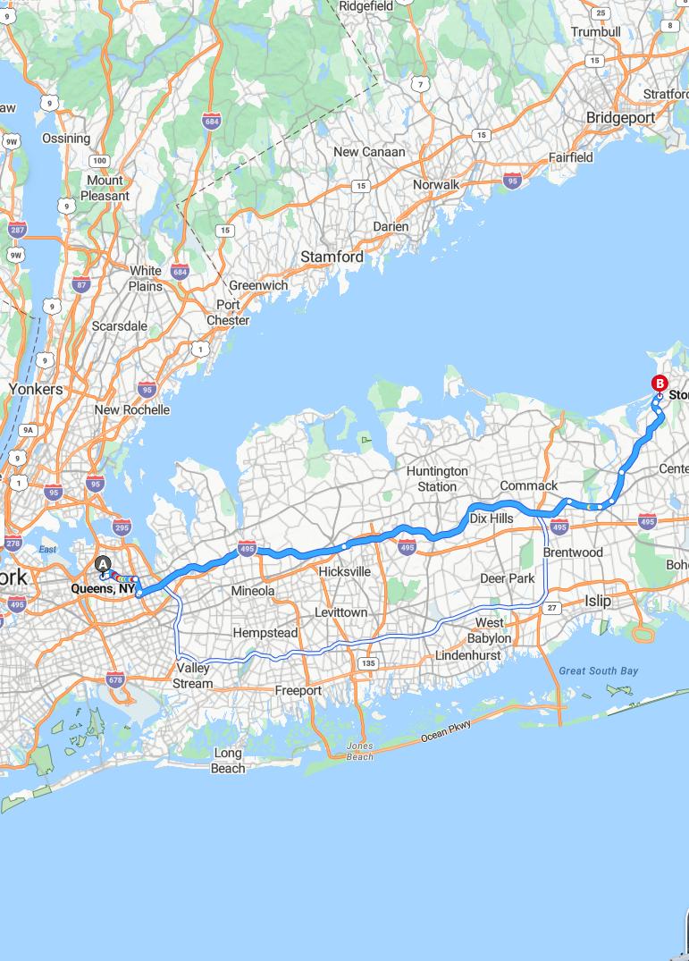 driving from Queens, New York to Stony BrookNew York - map and route