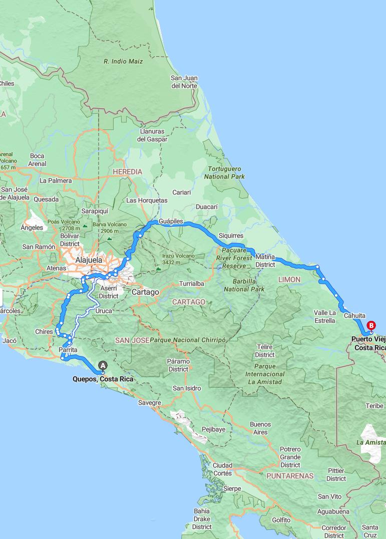 driving from Quepos, Puntarenas to Puerto Viejo de TalamancaLimon - map and route