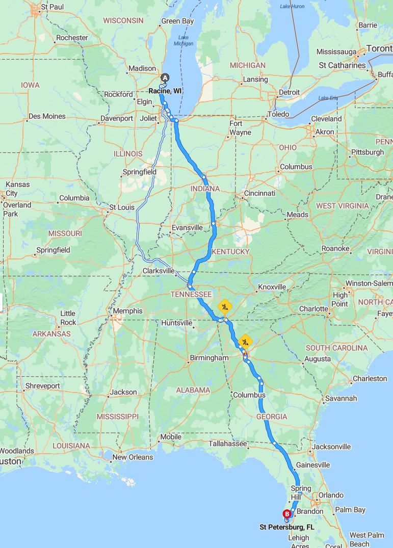 driving from Racine, Wisconsin to Saint PetersburgFlorida - map and route