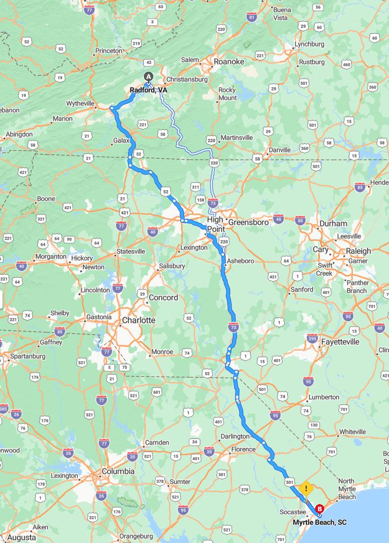 driving from Radford, Virginia to Myrtle BeachSouth Carolina - map and route