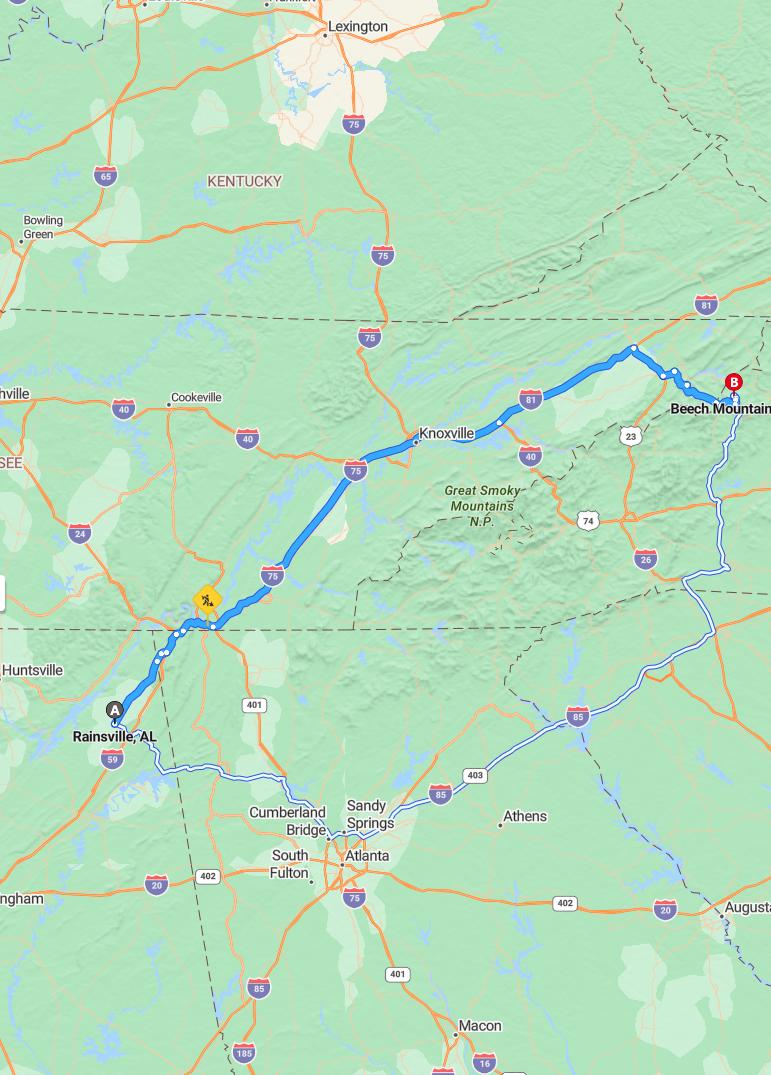 driving from Rainsville, Alabama to Beech MountainNorth Carolina - map and route