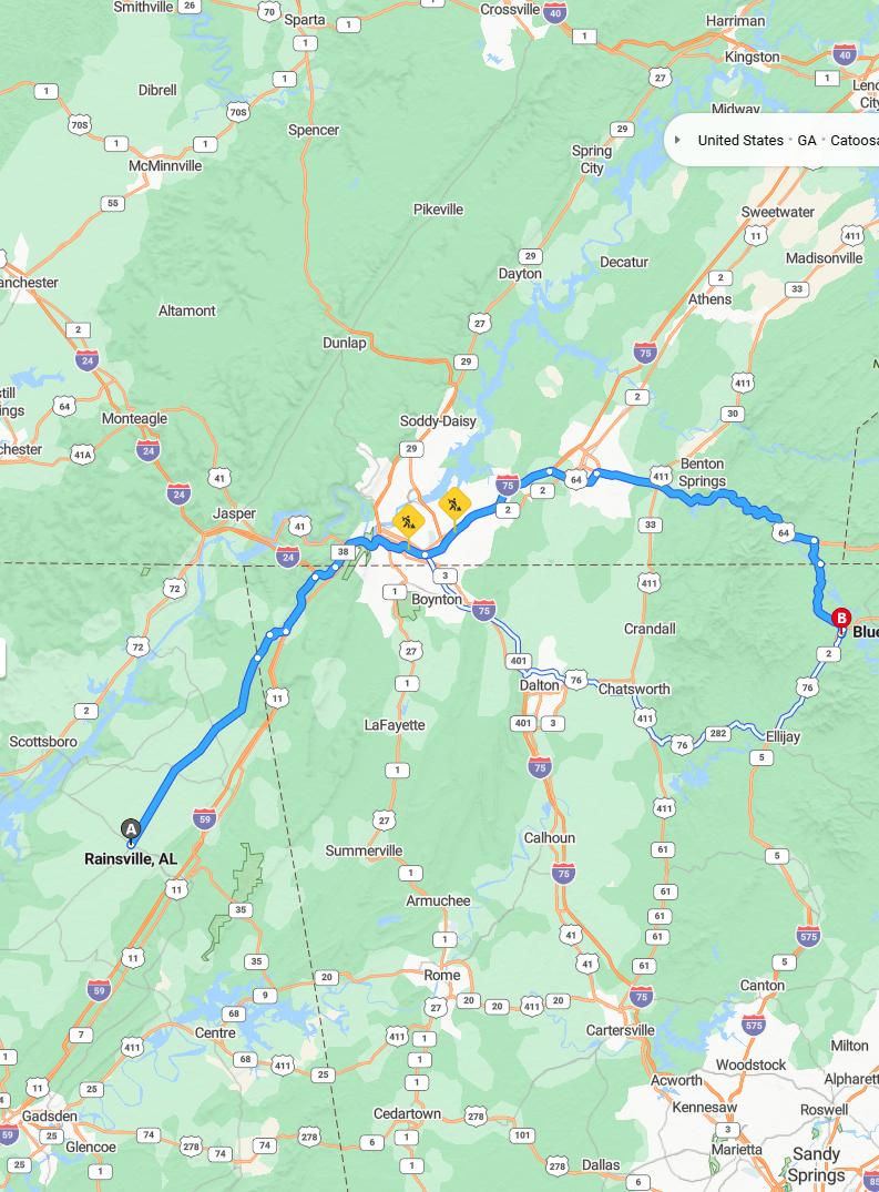 driving from Rainsville, Alabama to Blue RidgeGeorgia - map and route
