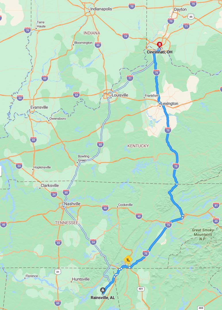 driving from Rainsville, Alabama to CincinnatiOhio - map and route