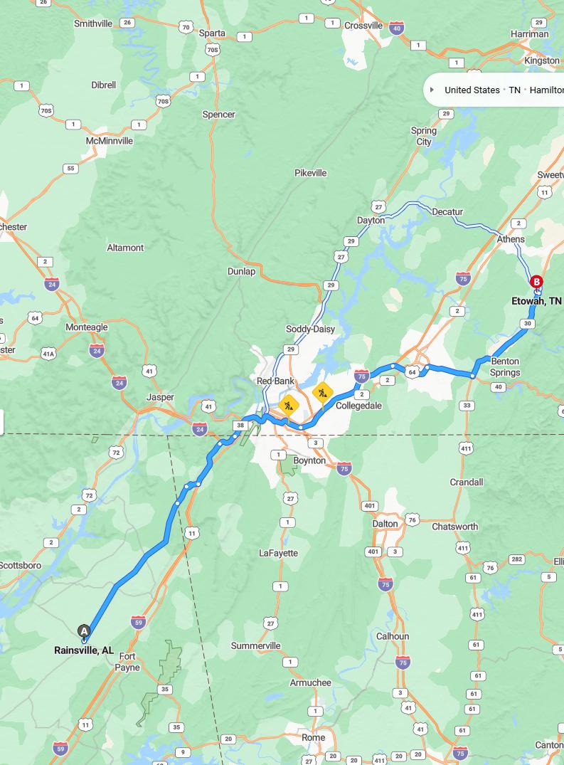 driving from Rainsville, Alabama to EtowahTennessee - map and route