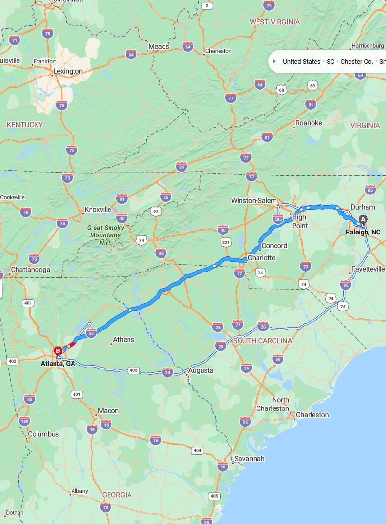 driving from Raleigh, North Carolina to AtlantaGeorgia - map and route