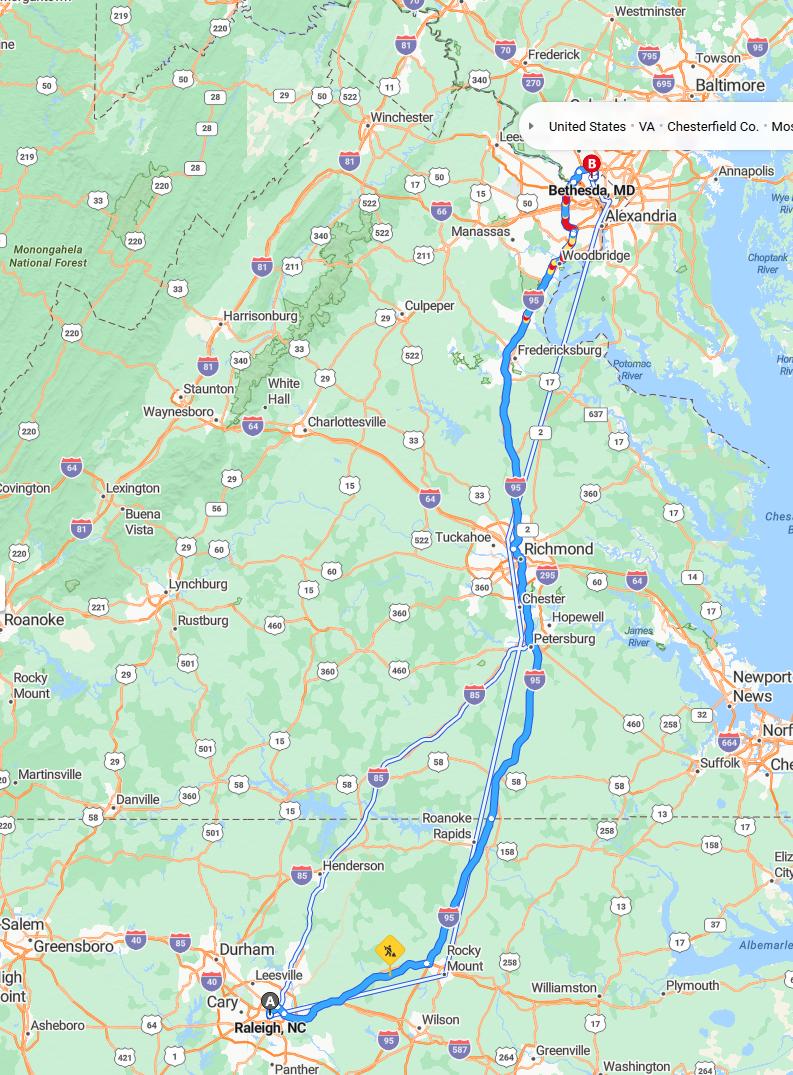 driving from Raleigh, North Carolina to BethesdaMaryland - map and route