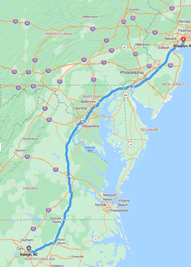 driving from Raleigh, North Carolina to BrooklynNew York - map and route