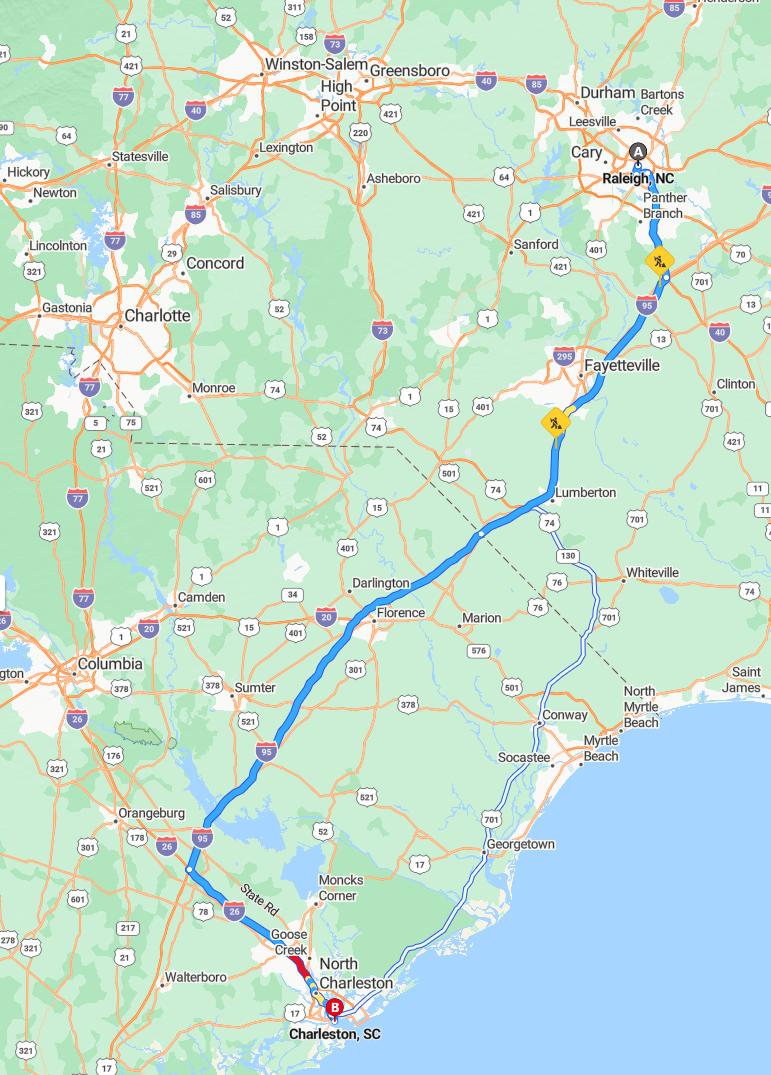 driving from Raleigh, North Carolina to CharlestonSouth Carolina - map and route
