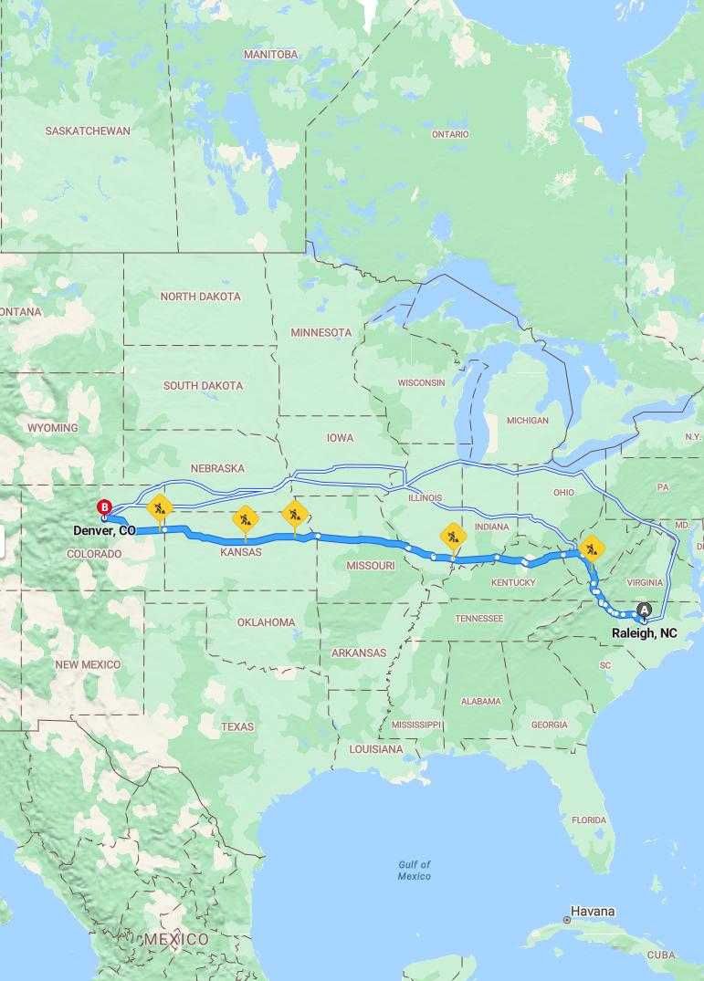 driving from Raleigh, North Carolina to DenverColorado - map and route
