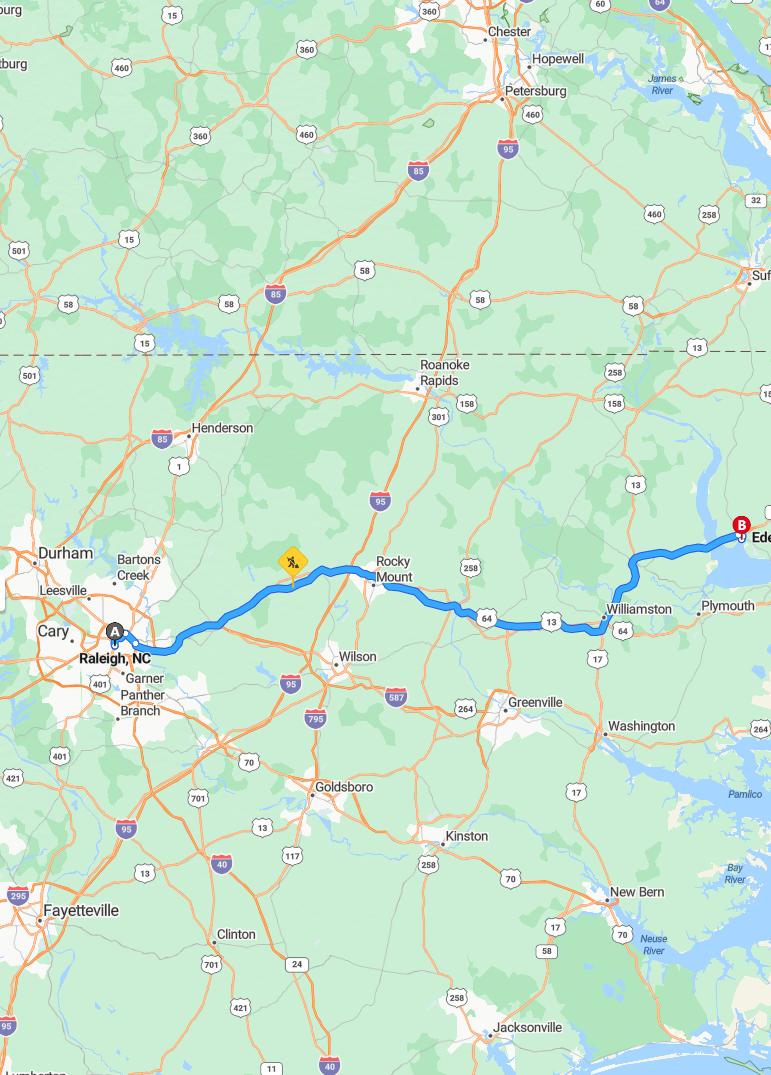 driving from Raleigh, North Carolina to EdentonNorth Carolina - map and route