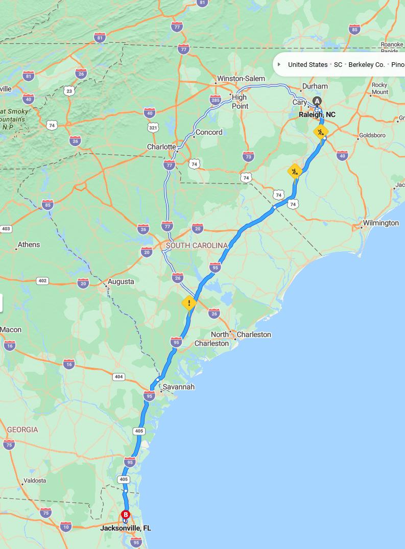 driving from Raleigh, North Carolina to JacksonvilleFlorida - map and route