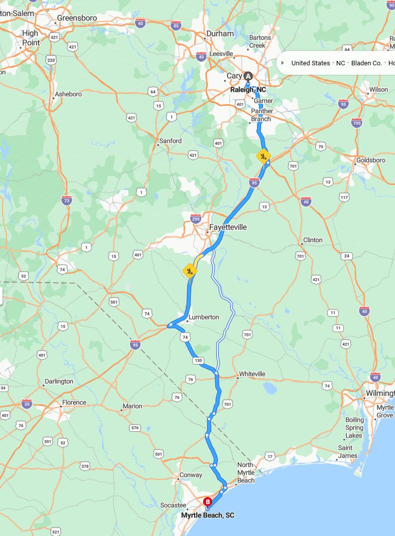 driving from Raleigh, North Carolina to Myrtle BeachSouth Carolina - map and route