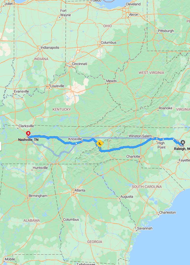 driving from Raleigh, North Carolina to NashvilleTennessee - map and route