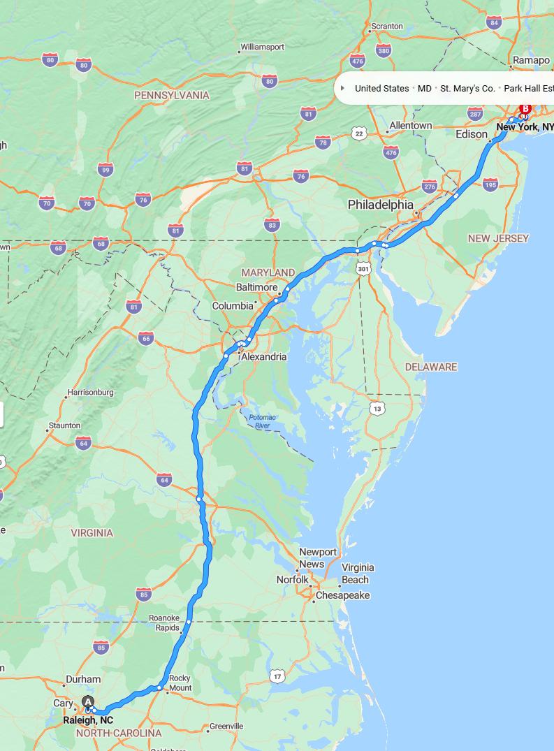 driving from Raleigh, North Carolina to New York CityNew York - map and route