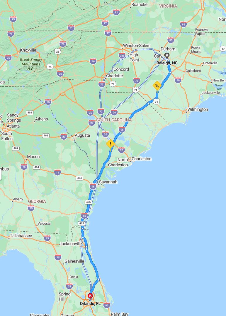 driving from Raleigh, North Carolina to OrlandoFlorida - map and route