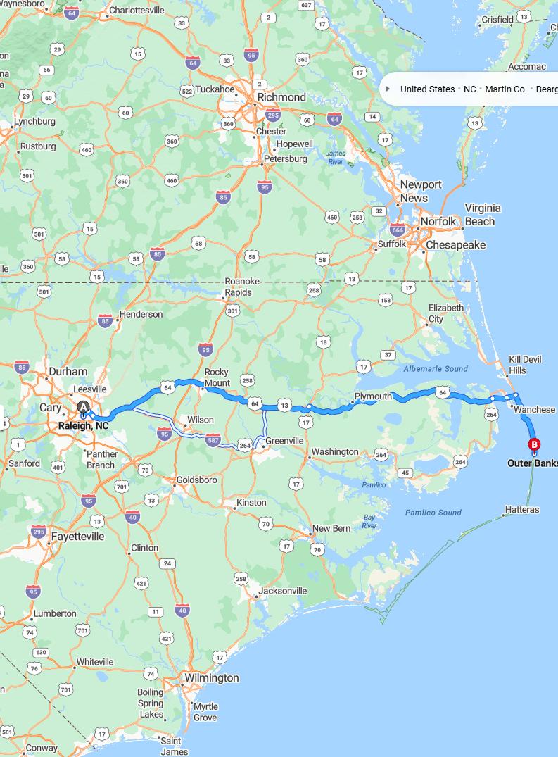 driving from Raleigh, North Carolina to Outer BanksNorth Carolina - map and route