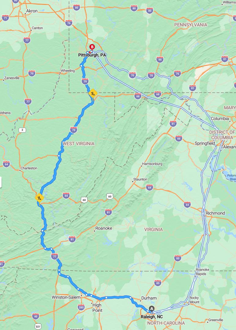 driving from Raleigh, North Carolina to PittsburghPennsylvania - map and route