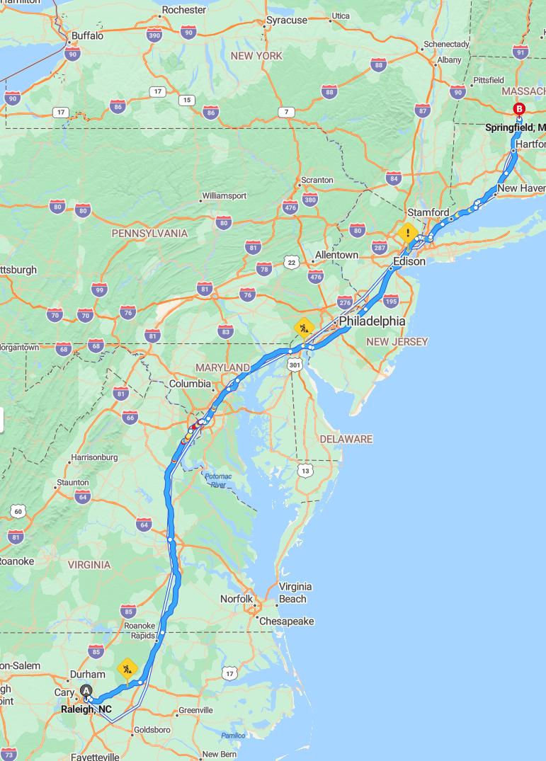 driving from Raleigh, North Carolina to SpringfieldMassachusetts - map and route