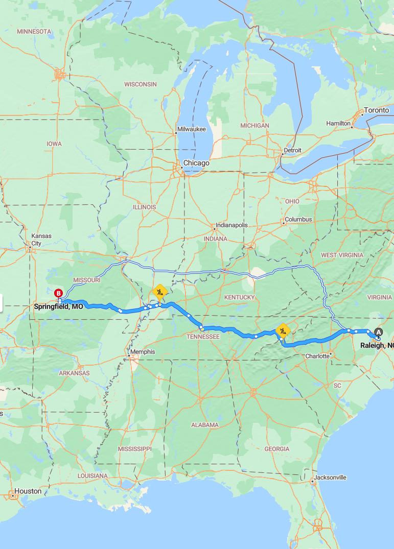 driving from Raleigh, North Carolina to SpringfieldMissouri - map and route