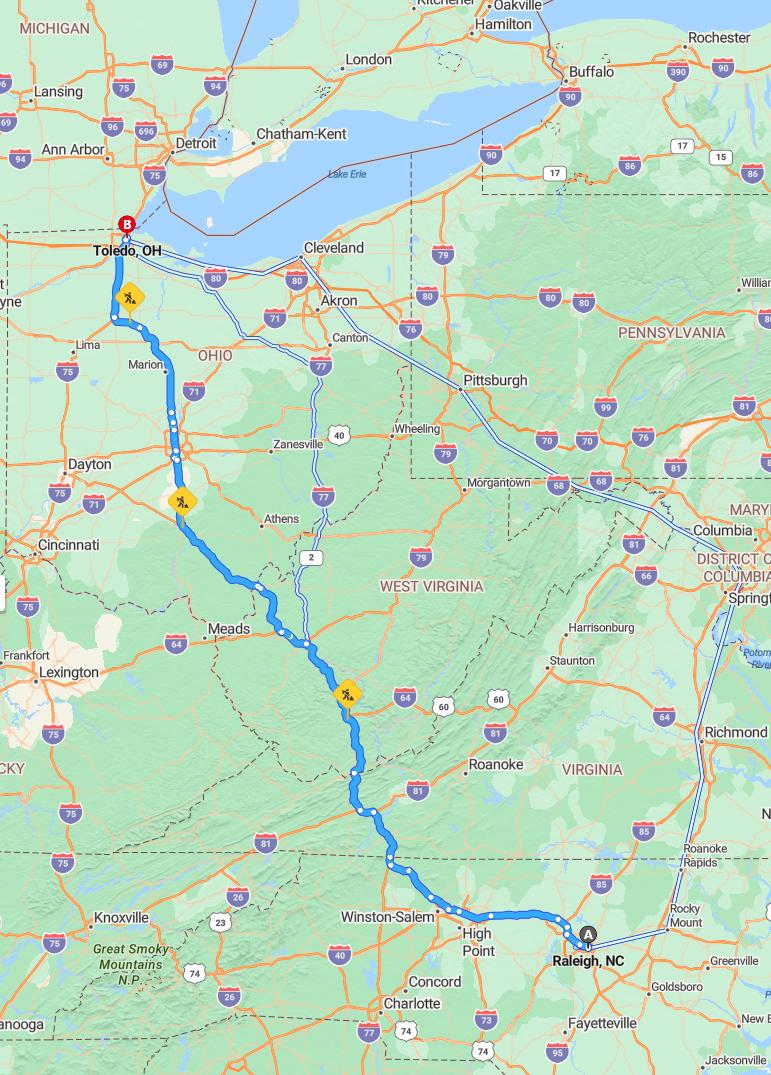 driving from Raleigh, North Carolina to ToledoOhio - map and route