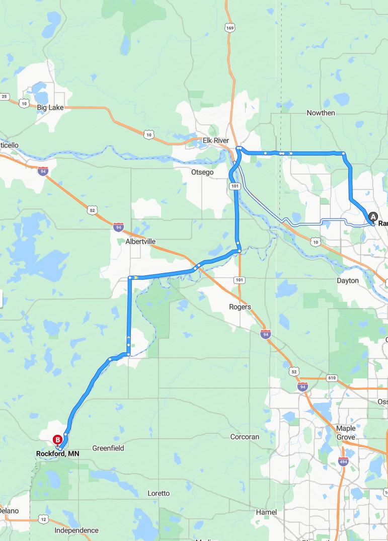 driving from Ramsey, Minnesota to RockfordMinnesota - map and route