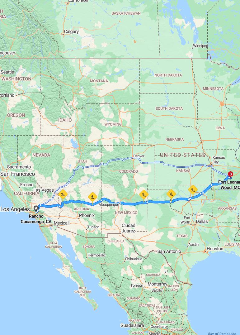driving from Rancho Cucamonga, California to Fort Leonard WoodMissouri - map and route