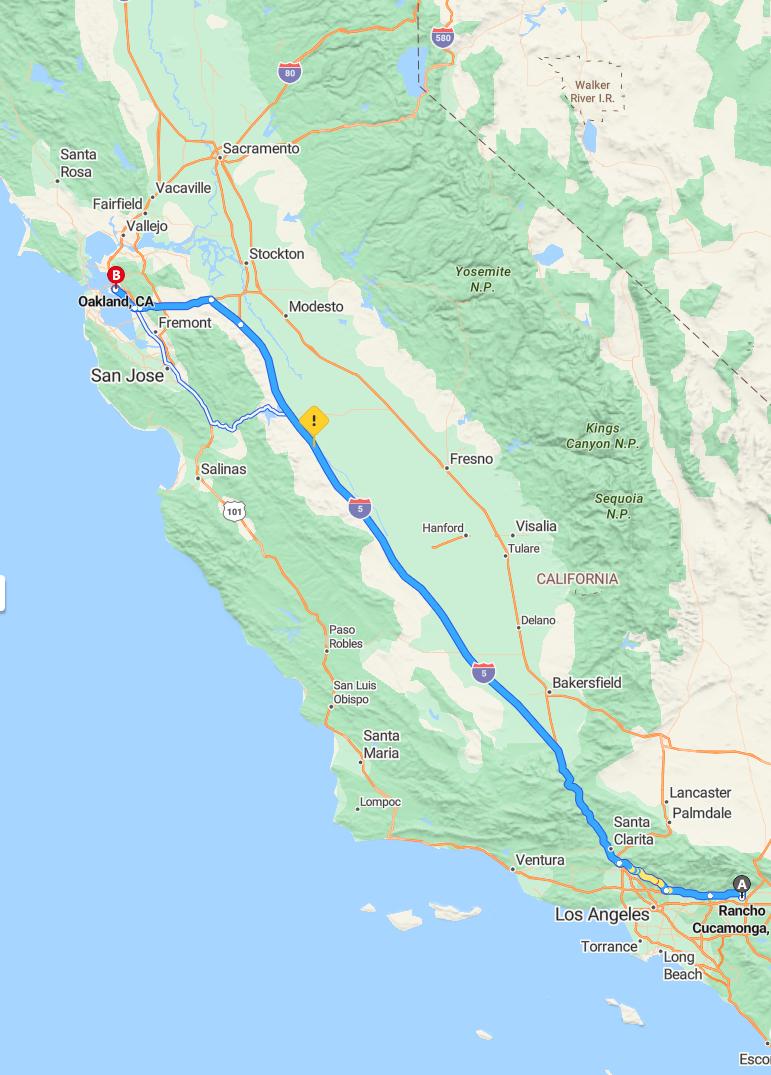 driving from Rancho Cucamonga, California to OaklandCalifornia - map and route
