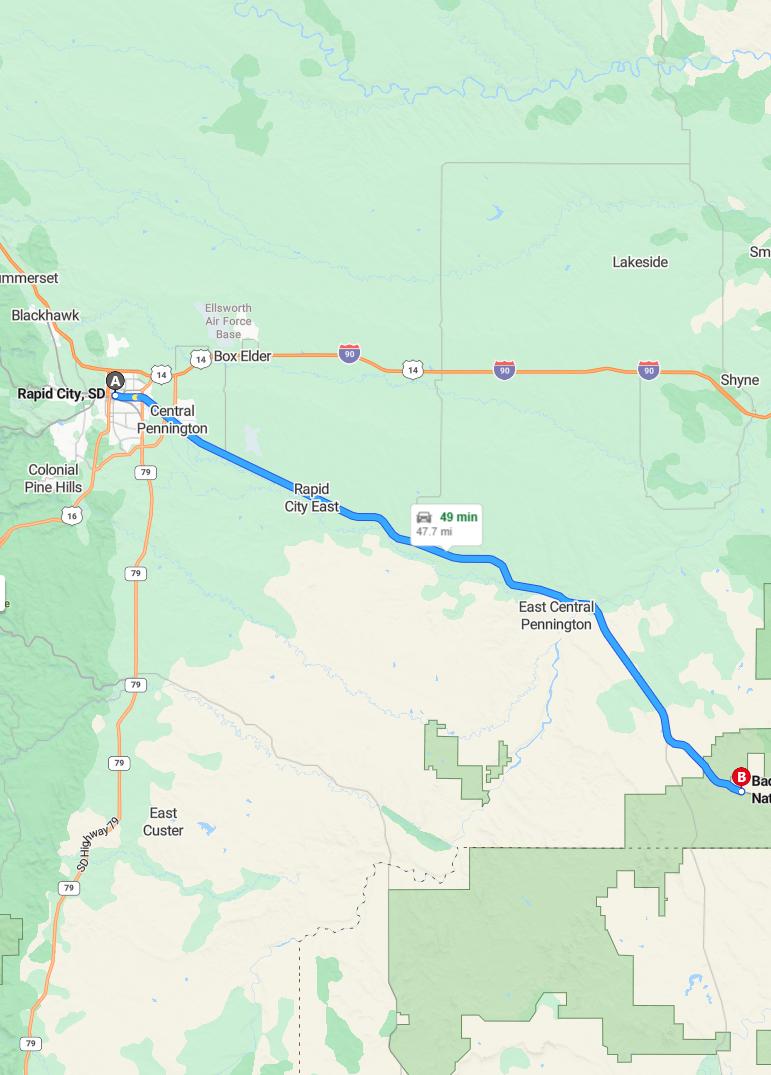 driving from Rapid City, South Dakota to BadlandsSouth Dakota - map and route