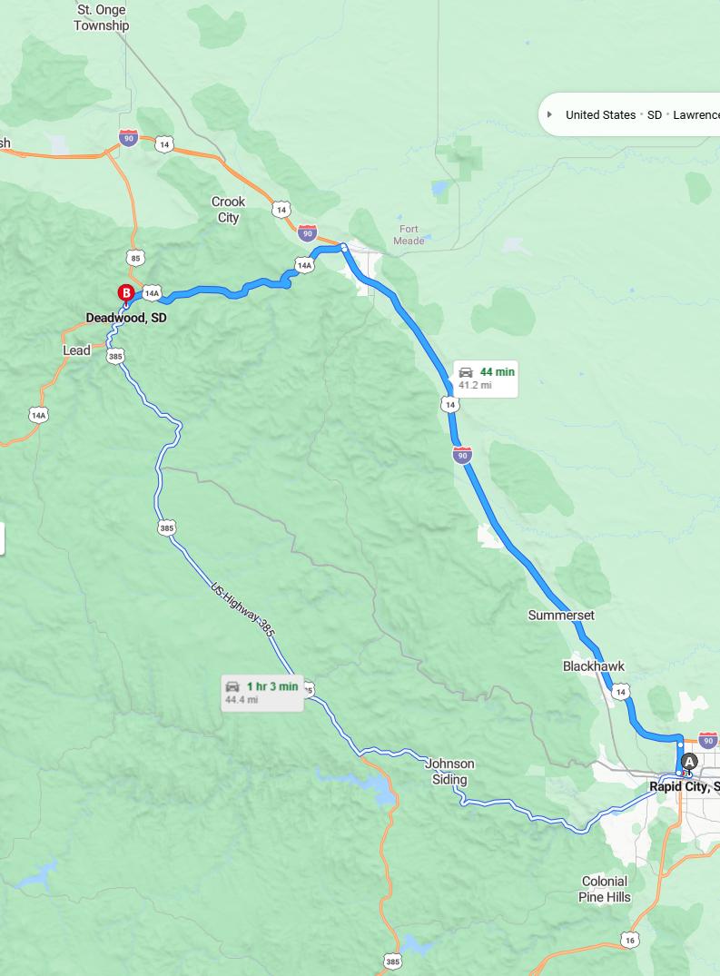 driving from Rapid City, South Dakota to DeadwoodSouth Dakota - map and route