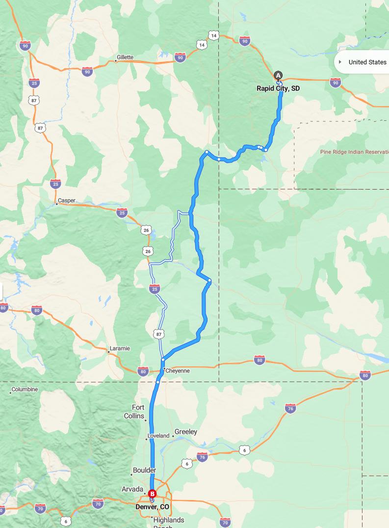 driving from Rapid City, South Dakota to DenverColorado - map and route