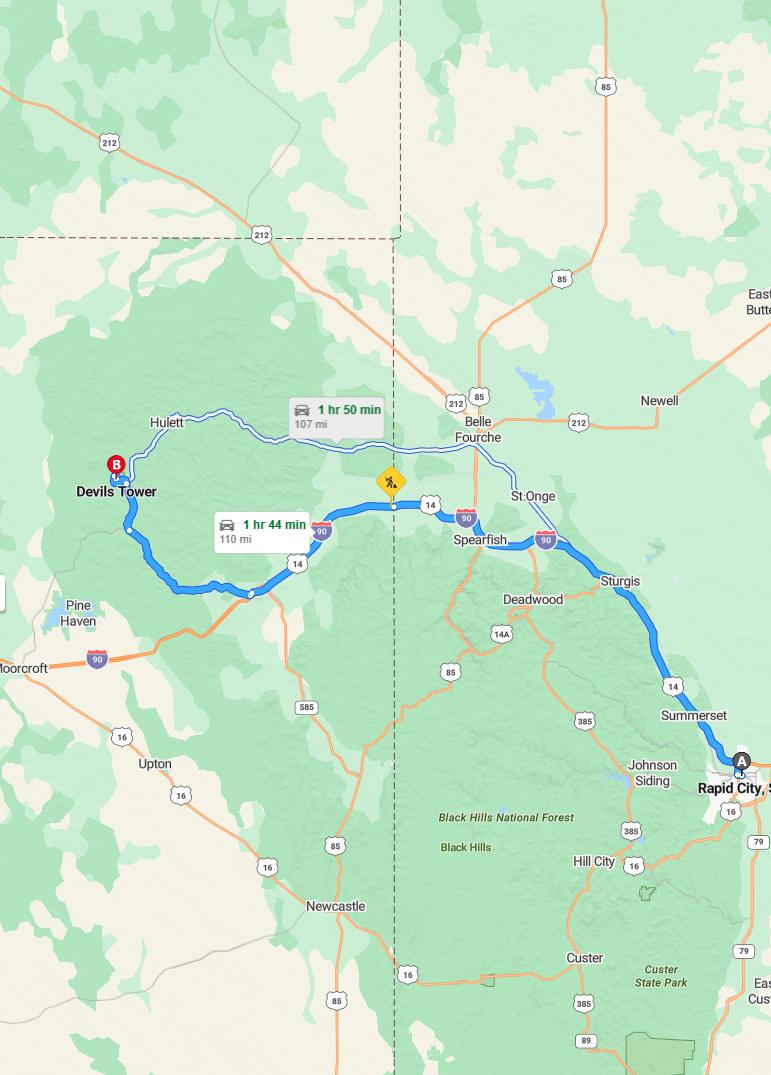 driving from Rapid City, South Dakota to Devils TowerWyoming - map and route
