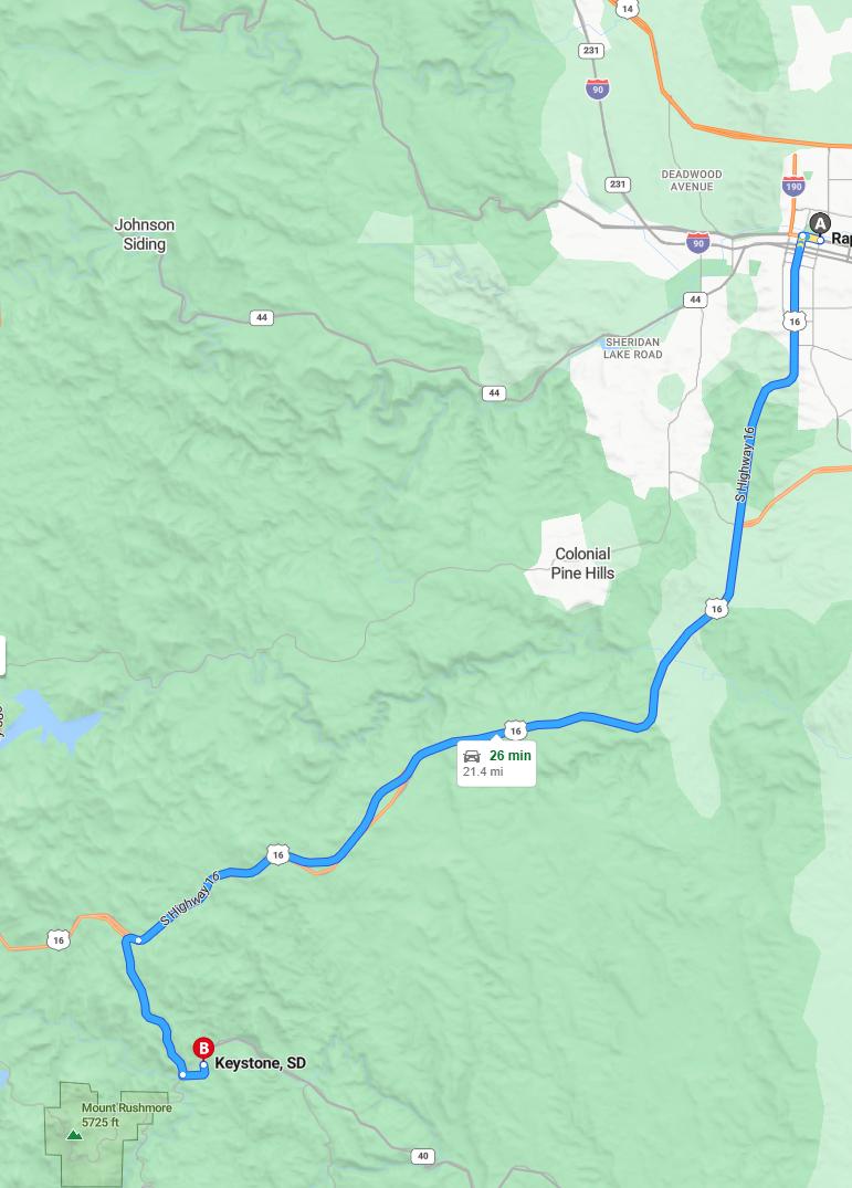 driving from Rapid City, South Dakota to KeystoneSouth Dakota - map and route