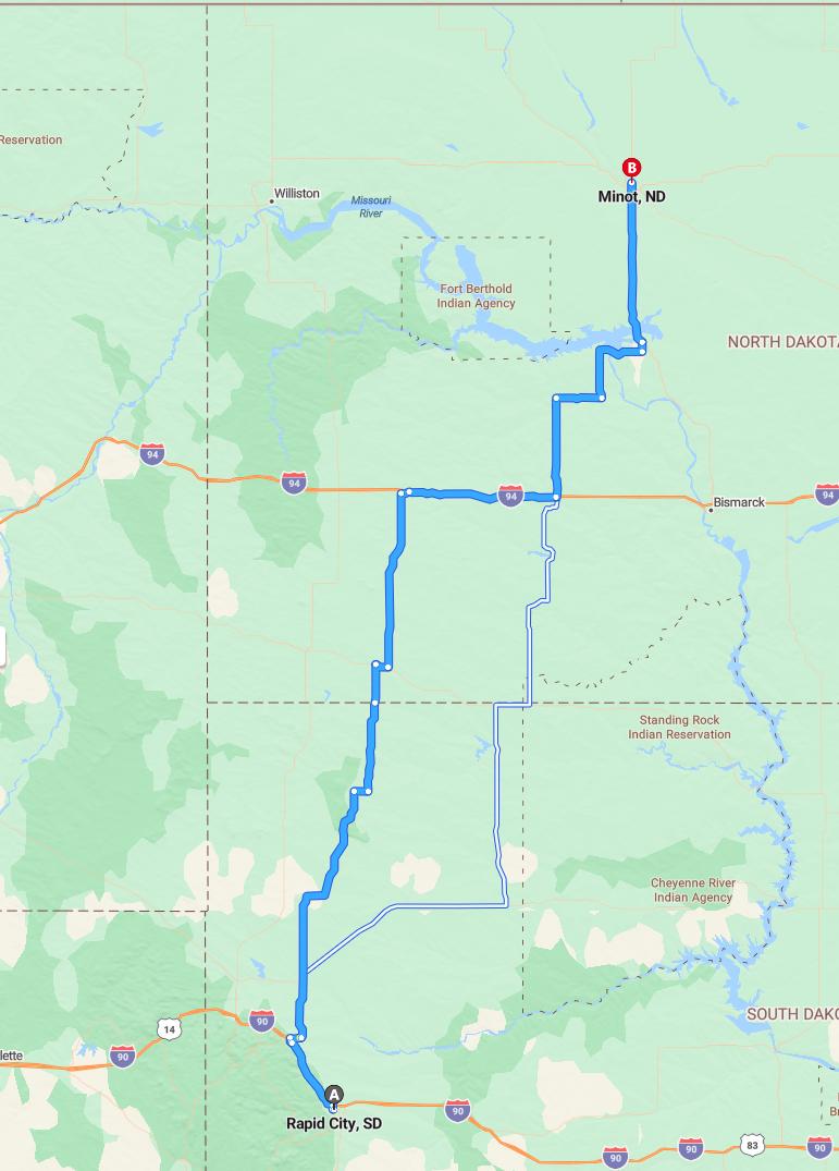 driving from Rapid City, South Dakota to MinotNorth Dakota - map and route