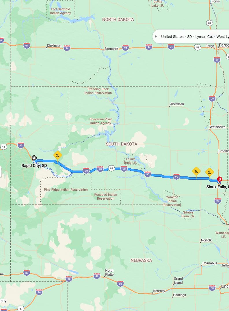 driving from Rapid City, South Dakota to Sioux FallsSouth Dakota - map and route