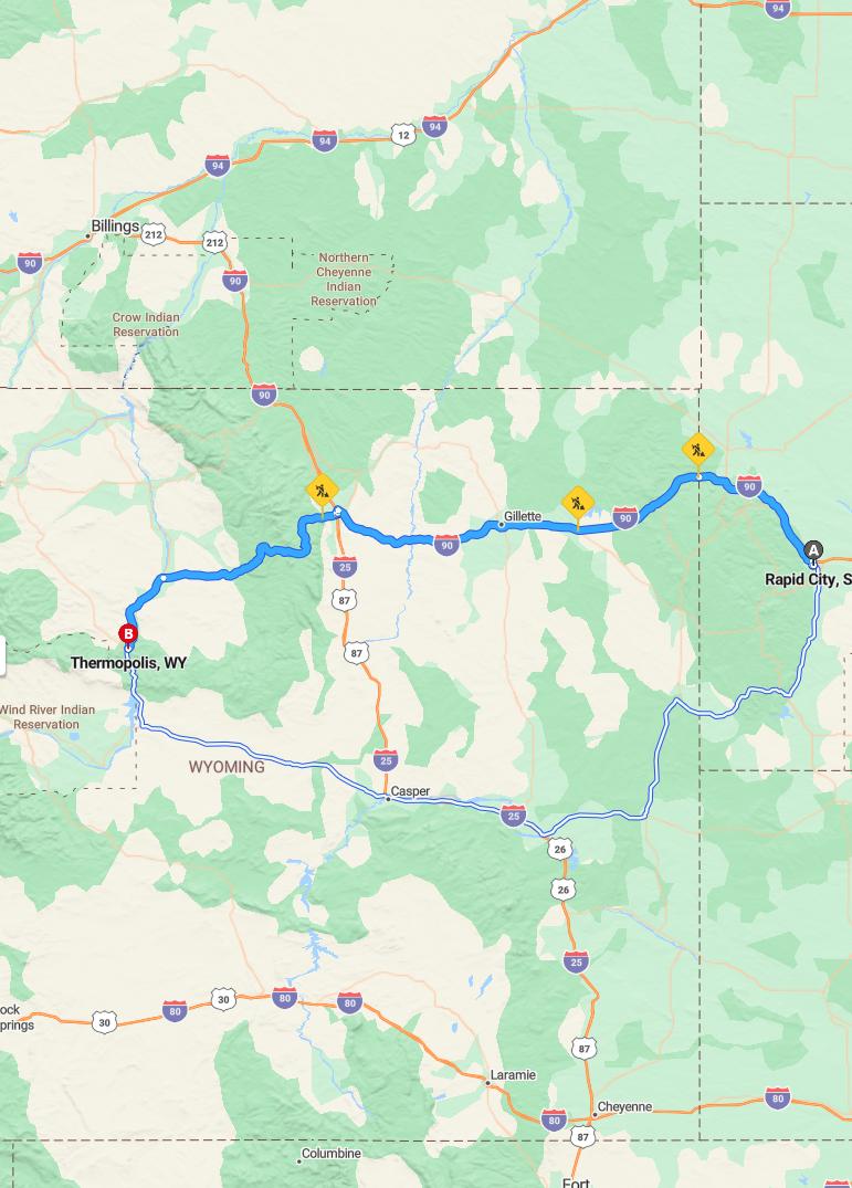 driving from Rapid City, South Dakota to ThermopolisWyoming - map and route