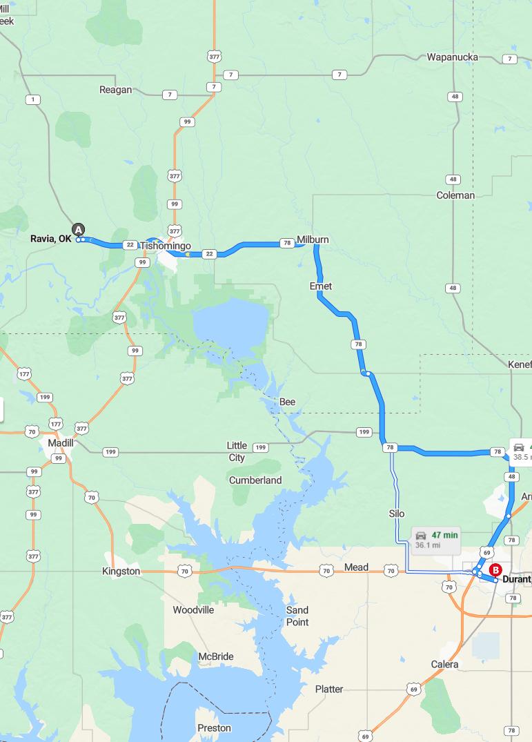 driving from Ravia, Oklahoma to DurantOklahoma - map and route