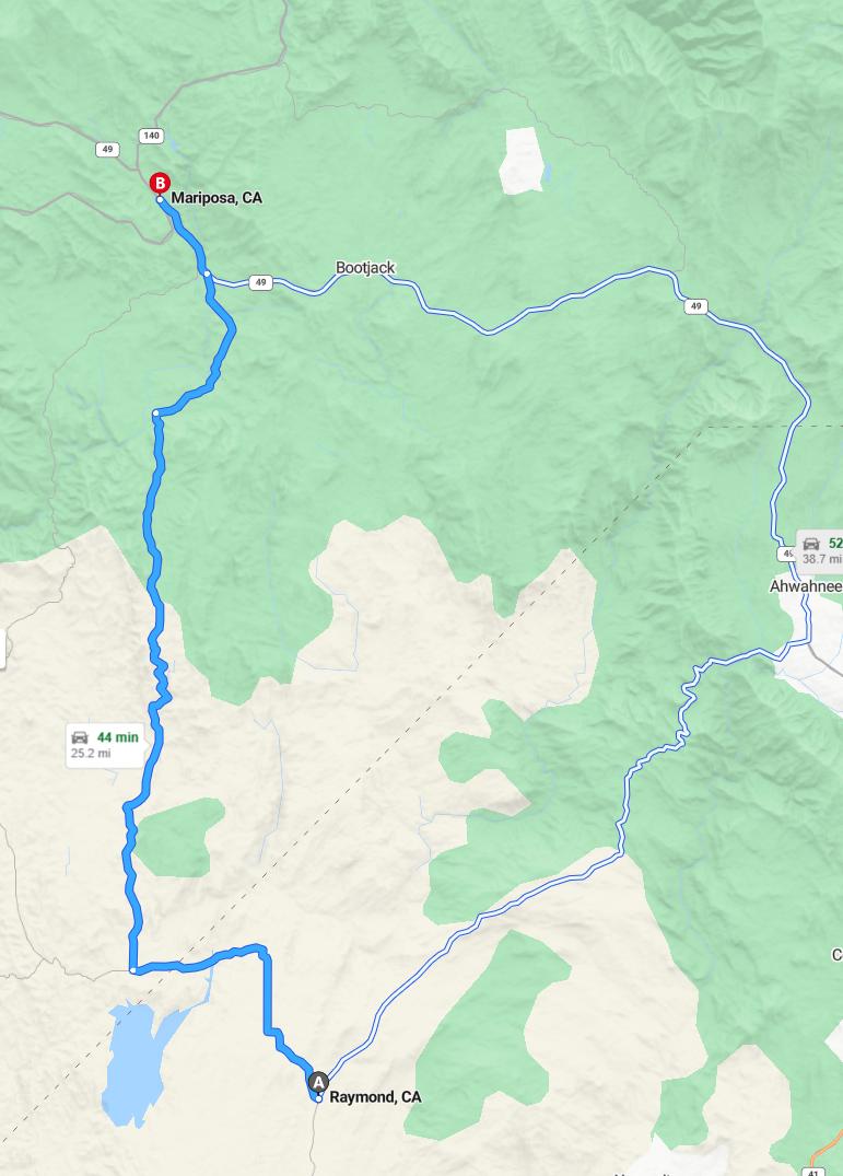 driving from Raymond, California to MariposaCalifornia - map and route