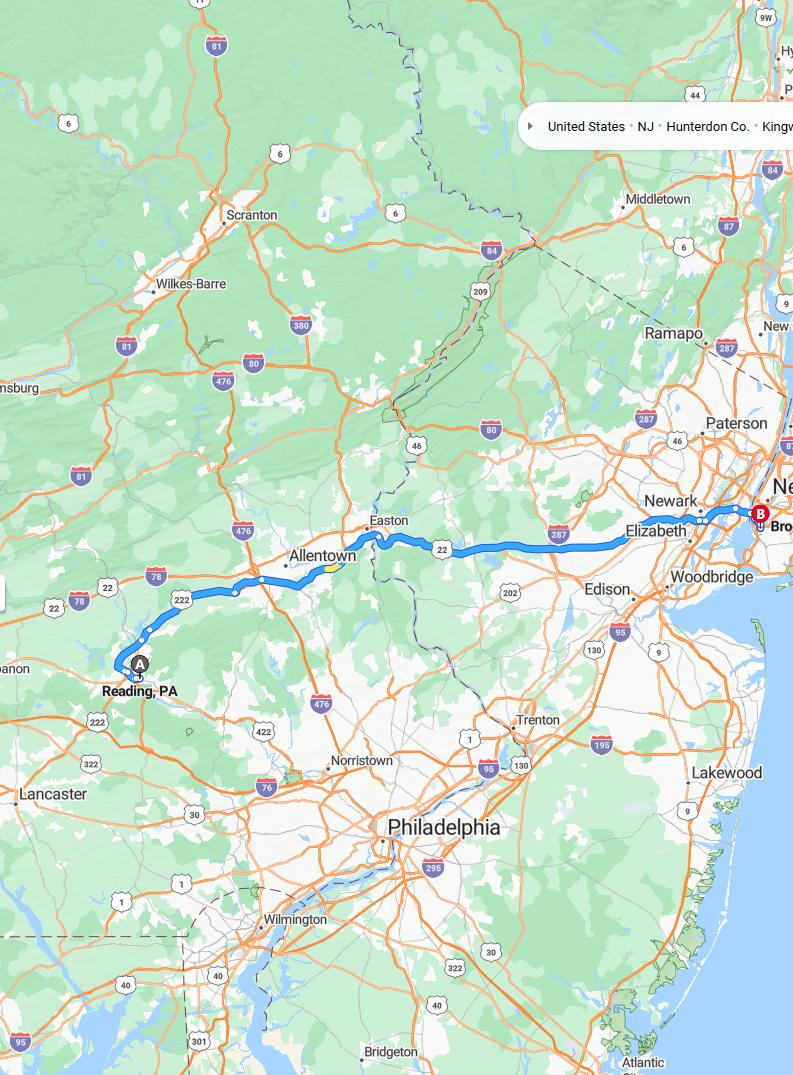 driving from Reading, Pennsylvania to BrooklynNew York - map and route