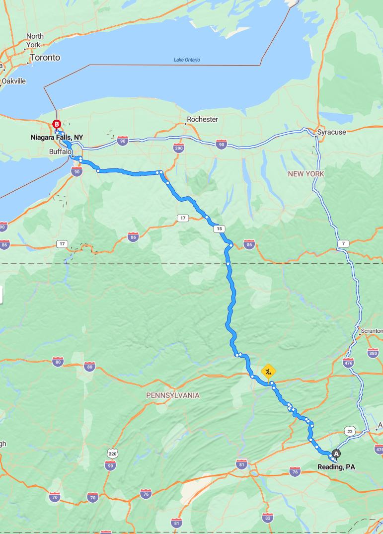 driving from Reading, Pennsylvania to Niagara FallsNew York - map and route