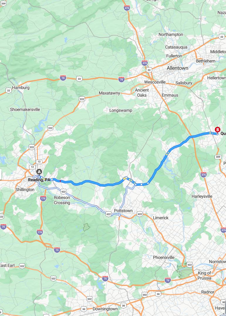 driving from Reading, Pennsylvania to QuakertownPennsylvania - map and route