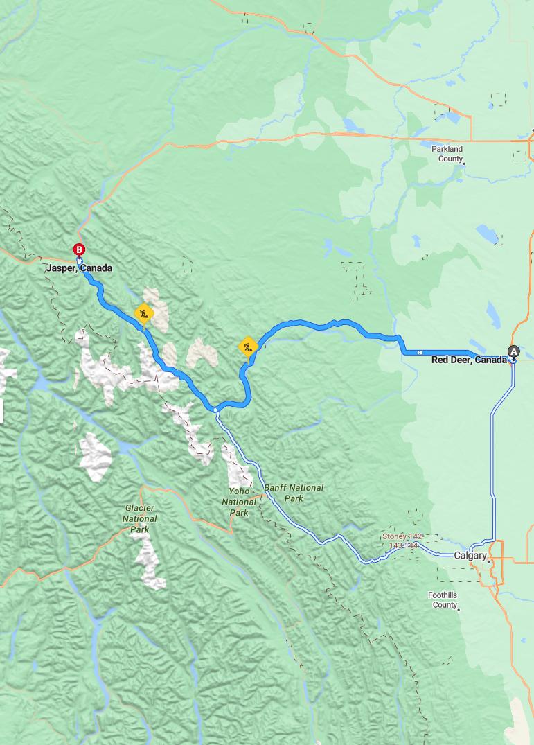 driving from Red Deer, Alberta to JasperAlberta - map and route