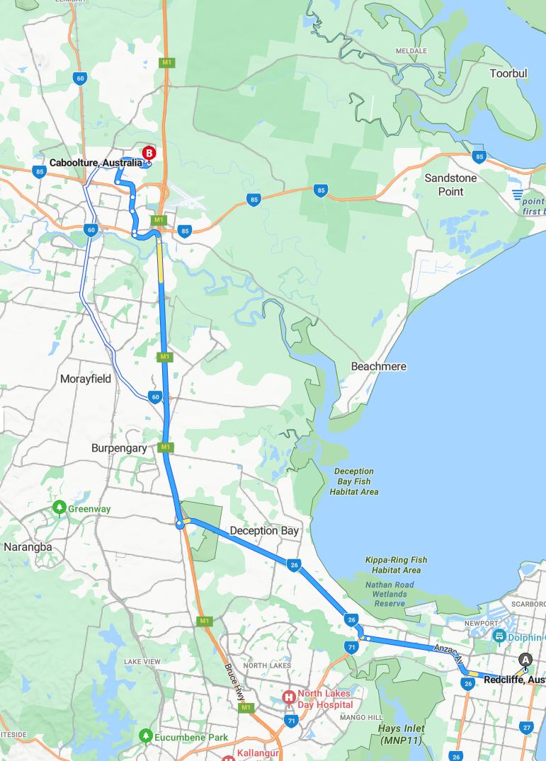 driving from Redcliffe, Queensland to CabooltureQueensland - map and route
