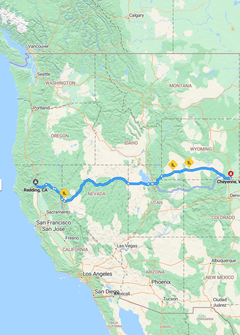 driving from Redding, California to CheyenneWyoming - map and route