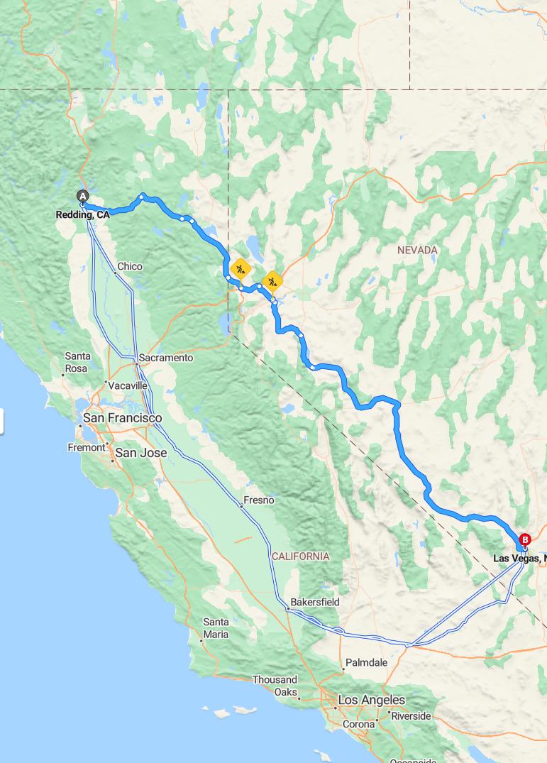 driving from Redding, California to Las VegasNevada - map and route