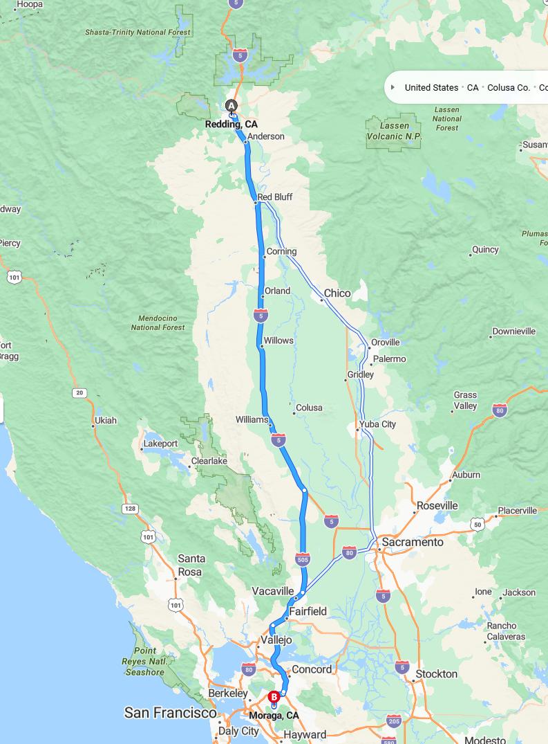 driving from Redding, California to MoragaCalifornia - map and route