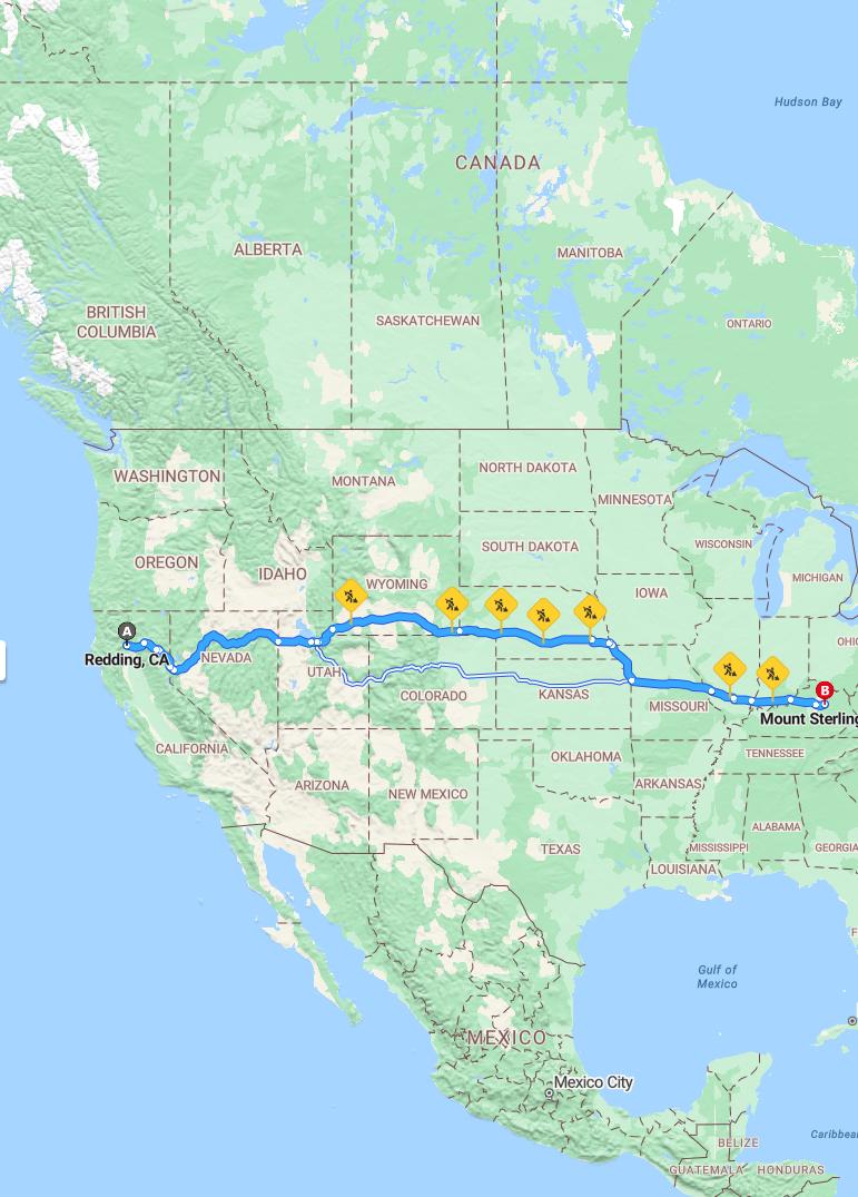 driving from Redding, California to Mount SterlingKentucky - map and route