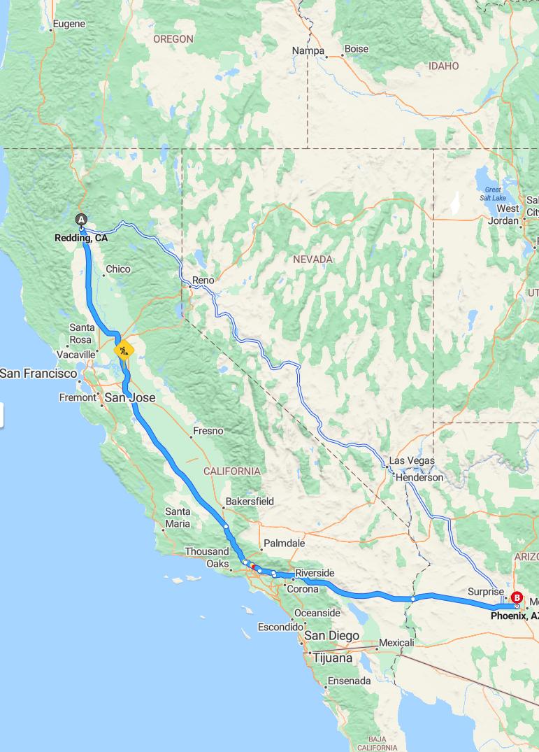 driving from Redding, California to PhoenixArizona - map and route