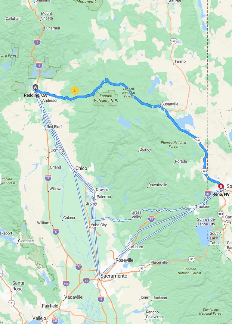driving from Redding, California to RenoNevada - map and route
